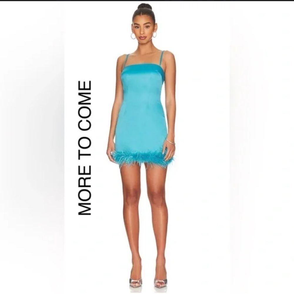 NWT More To Come Revolve Turquoise Feathers Mini Dress Large